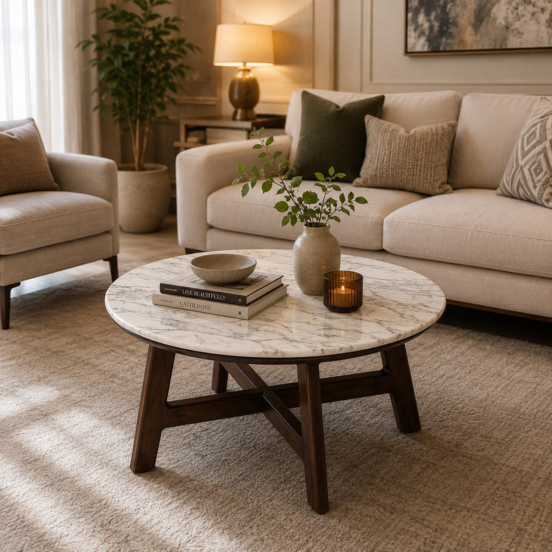 Vyom Solid Mango Wood Coffee Table with Natural White Marble Top