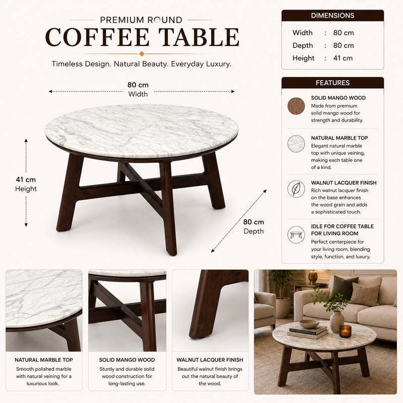 Vyom Solid Mango Wood Coffee Table with Natural White Marble Top