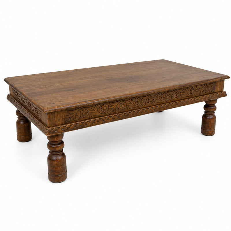 Solid Mango Wood Coffee Table for Living Room, Handcrafted Carved Wooden Center Table with Decorative Floral Detailing.