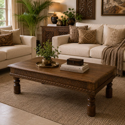 Solid Mango Wood Coffee Table for Living Room, Handcrafted Carved Wooden Center Table with Decorative Floral Detailing.