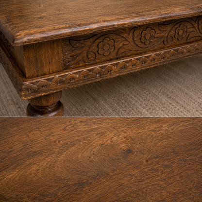 Solid Mango Wood Coffee Table for Living Room, Handcrafted Carved Wooden Center Table with Decorative Floral Detailing.