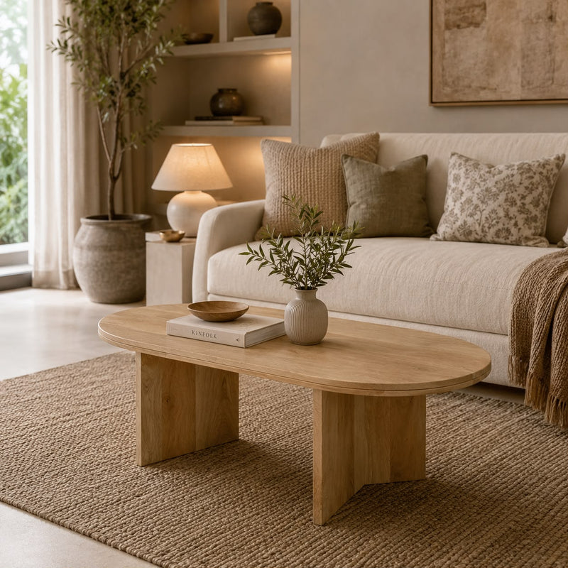 Solid Mango Wood Oval Coffee Table for Living Room