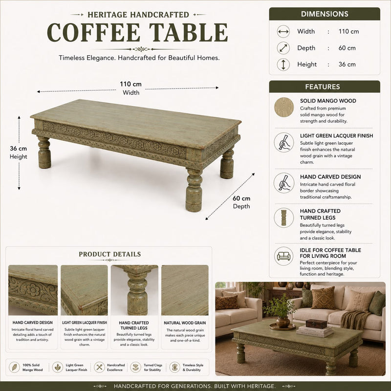 Solid Mango Wood Coffee Table for Living Room, Handcrafted Carved Wooden Center Table with Decorative Floral Detailing.