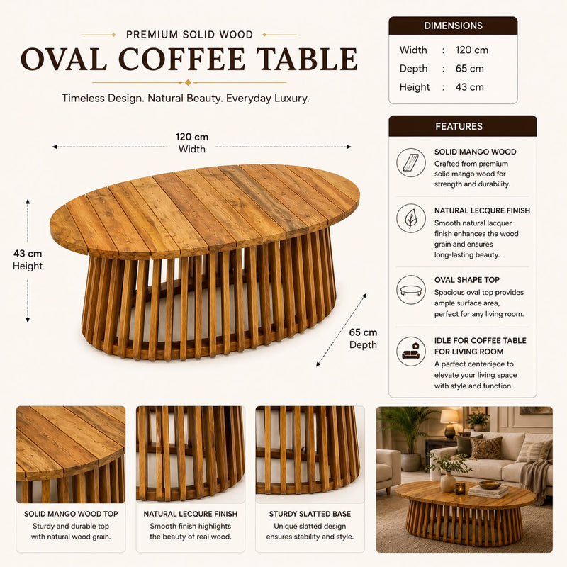 Solid Mango Wood  Round Oval Coffee Table with Slatted Base,