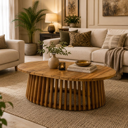 Solid Mango Wood  Round Oval Coffee Table with Slatted Base,