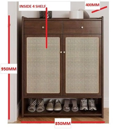 Suryavanshi Wooden Shoe Cabinet with Cane Webbing Doors, 2 Drawers, Open Shelf, Sheesham Wood