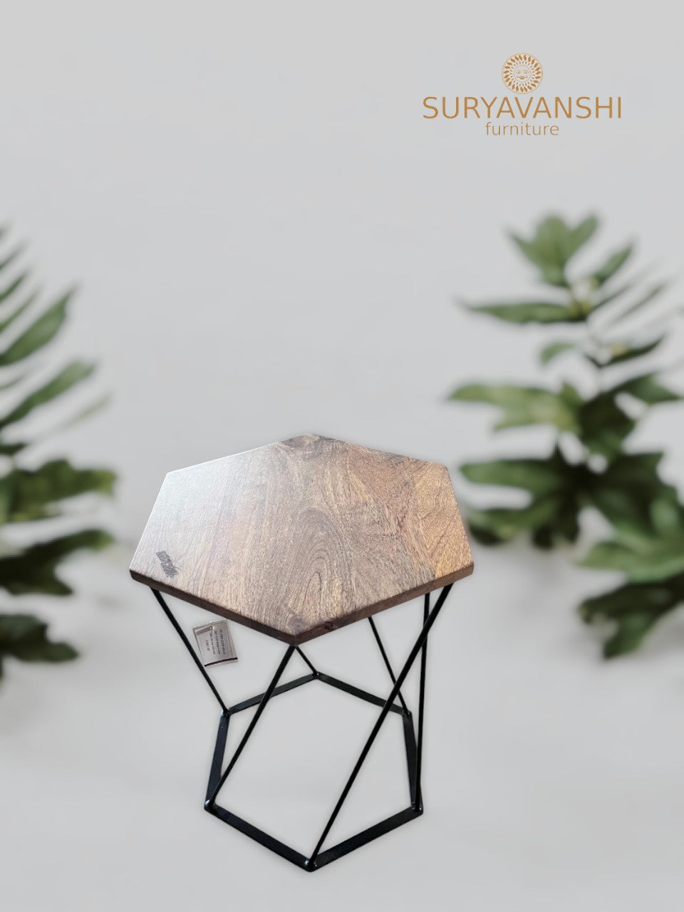 Suryavanshi Furniture Hexagonal Wooden Side Table with Black Metal Leg Frame, 50cm Diameter | Wooden Coffee Table/Side Table/End Table/Tea Table/Plant Stand/Stool Living Room Table Round Shape