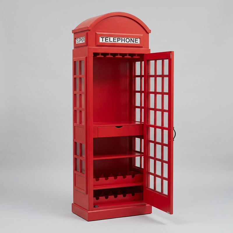 Giles British Telephone Booth Style Bar Cabinet in Red with Transparent Acrylic Sheet  Door