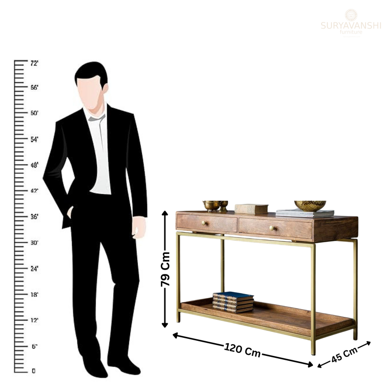 Suryavanshi Handcrafted Solid Wood Console Table with Brass Frame – 2 Drawer Entryway & Hallway Table