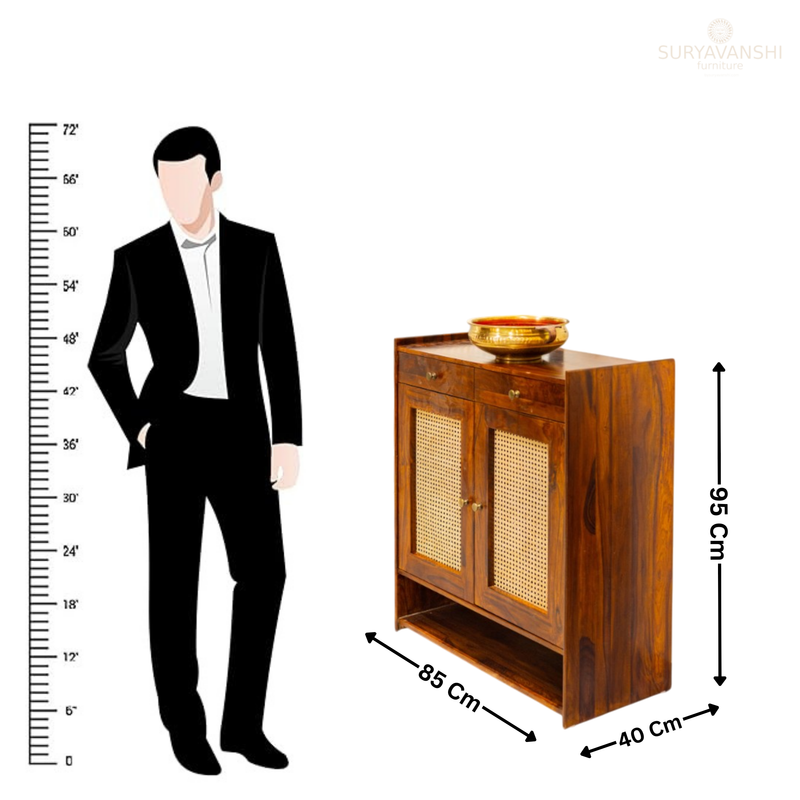 Suryavanshi Wooden Shoe Cabinet with Cane Webbing Doors, 2 Drawers, Open Shelf, Sheesham Wood