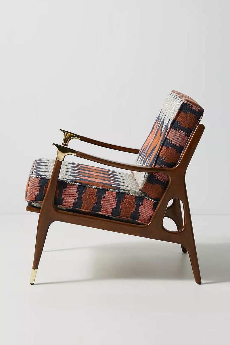 Suryavanshi Bohofusion Accent Chair – Mid-Century Modern Wooden Armchair with Ikat Patterned Upholstery (Multicolor)