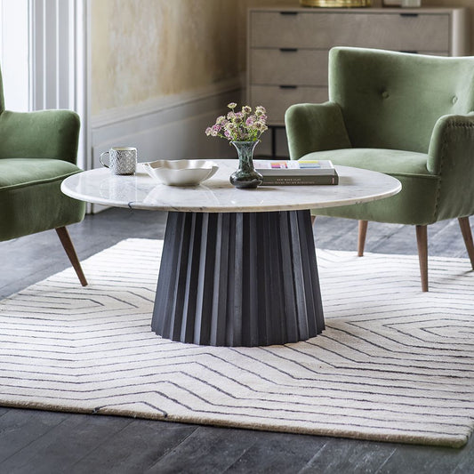 Suryavanshi Acacia Wood Round Coffee Table with White Marble Top – Timeless Elegance in Two Wood Finishes