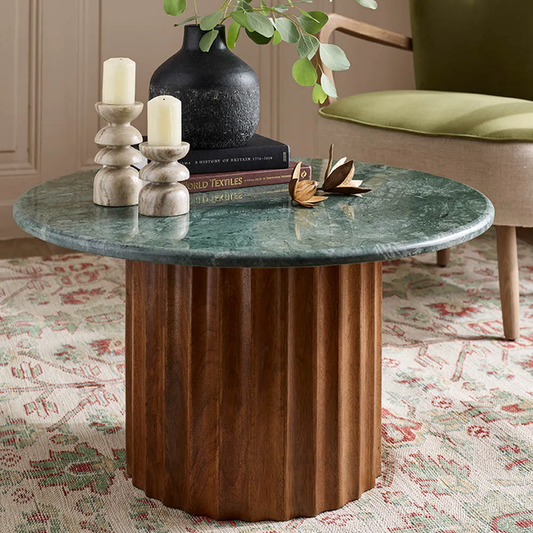 Jude Fluted Marble Top With Mango Wood Base Coffee Table - Natural Finish