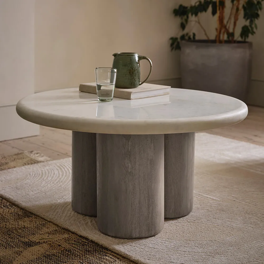 Column White Baswara Marble Base Mango Wood Coffee Table - Grey Color Finish
