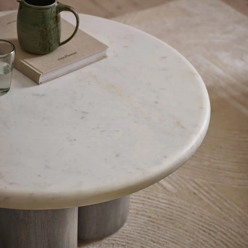 Column White Baswara Marble Base Mango Wood Coffee Table - Grey Color Finish