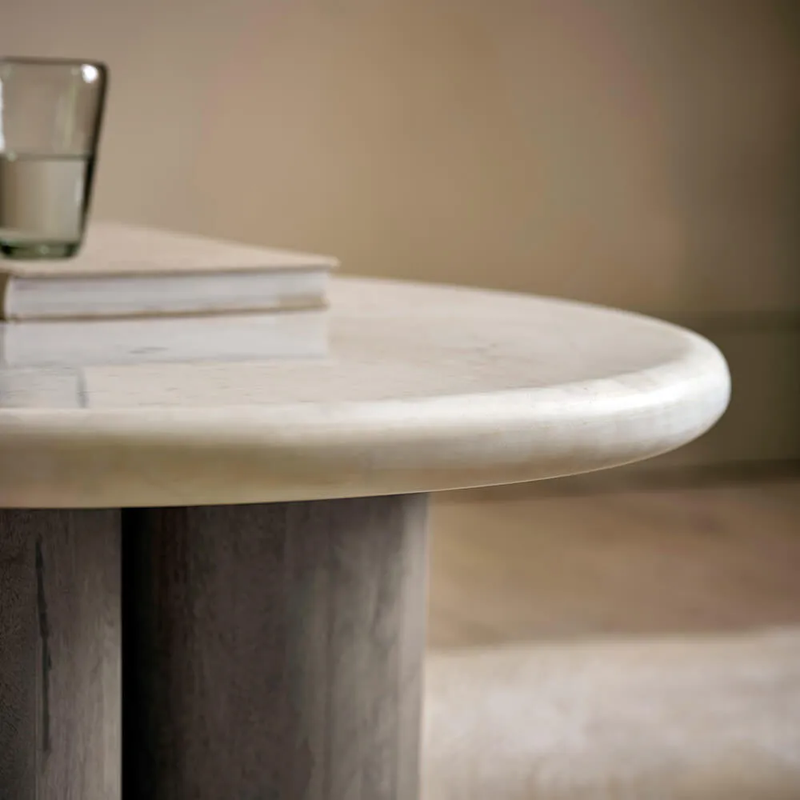 Column White Baswara Marble Base Mango Wood Coffee Table - Grey Color Finish