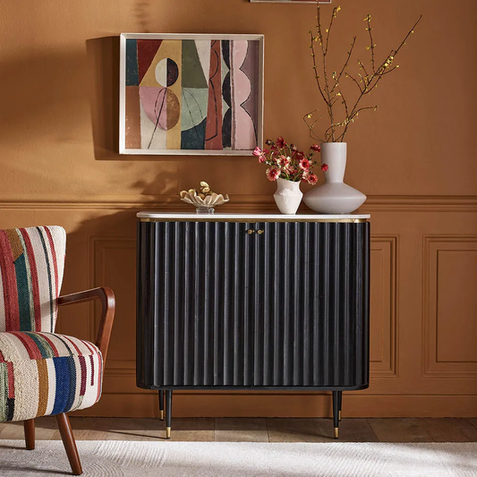 Suryavanshi Solid Wood Modern Bar Cabinet for Living Room | Black Fluted Finish with Golden Accents | Marble Top & Bottle Rack Storage | Pre-Assembled | 95×41×90 cm