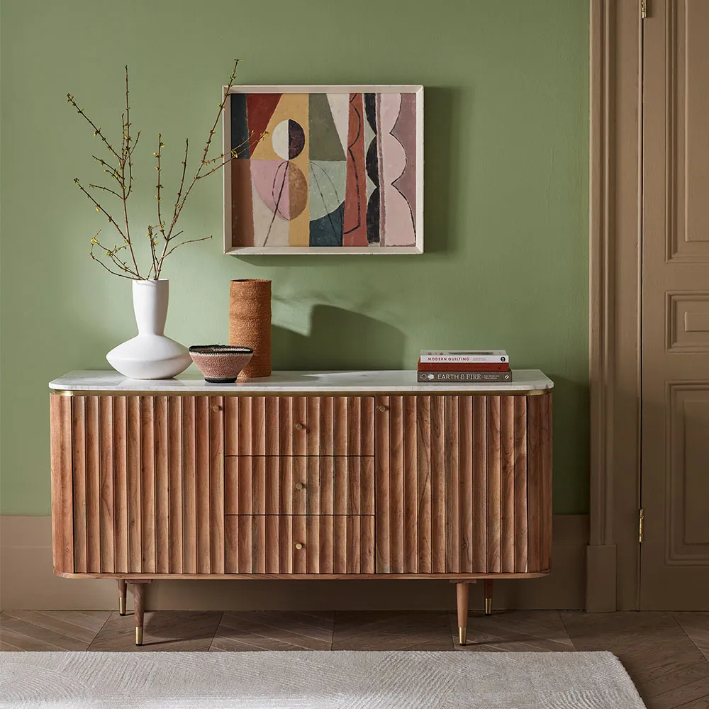 Suryavanshi Mango Wood Flute Design Sideboard – A Symphony of Elegance and Storage (‎45D x 147W x 76H CM)