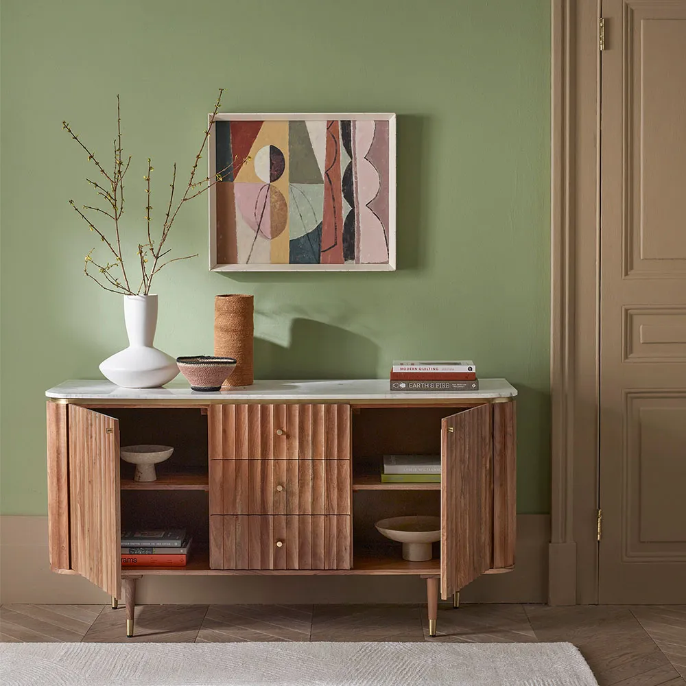 Suryavanshi Mango Wood Flute Design Sideboard – A Symphony of Elegance and Storage (‎45D x 147W x 76H CM)