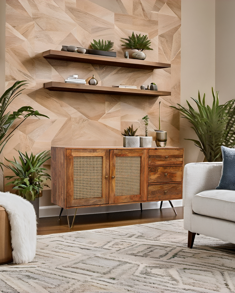 Suryavanshi Wooden Sideboard Cabinet for Living Room, Drawing Room, Office & Lounge | Material: Mango Solid Wood, Cane | Storage Type: 4 Doors | Finish: Natural