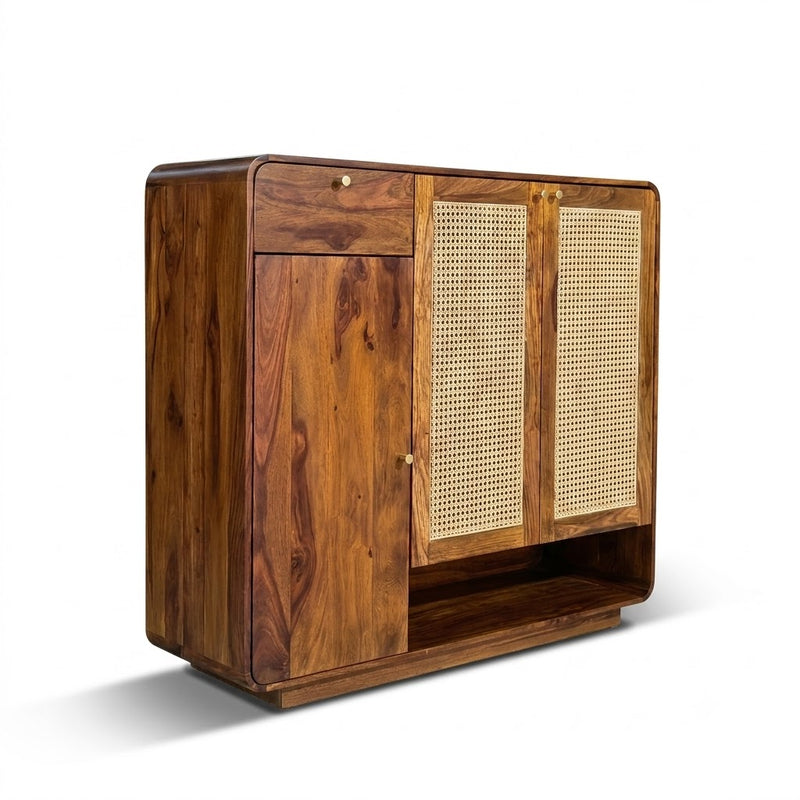 Grisa Sheesham Wood Shoe Cabinet With Cane Detailing