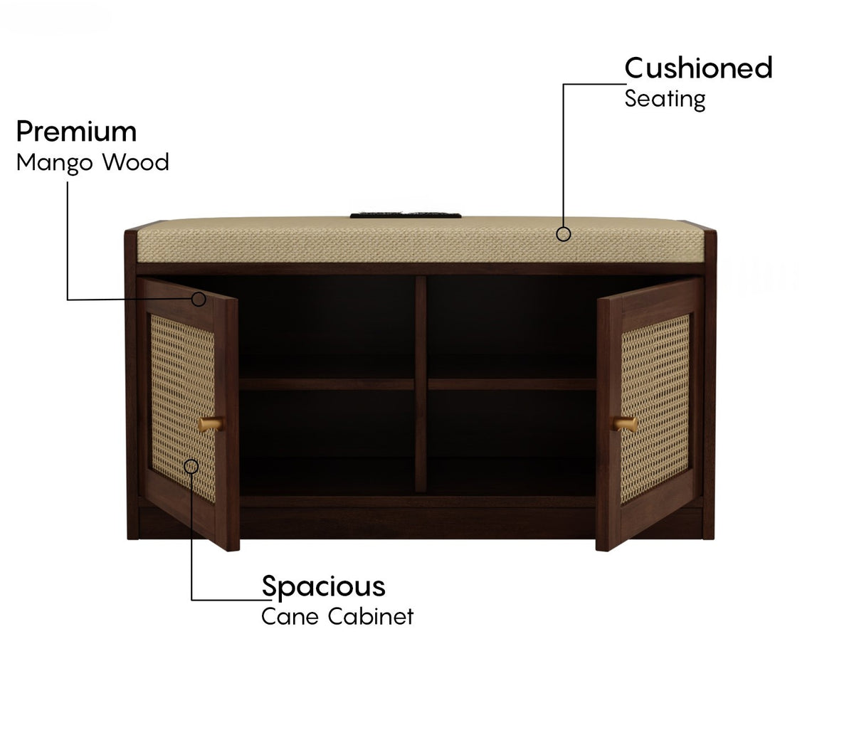 Bockle Premium Solid Wood Shoe Rack With Cane Work & Cushioned Seating
