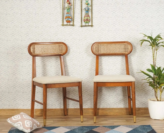 Suryavanshi Sheesham Wood Dining Chair Set of 2 with Cane Backrest & Upholstered Seat – Handmade Solid Wood Chairs with Customizable Fabric Available