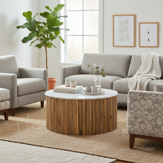 Suryavanshi Mango Solid Wood Round Center Table with White Marble Top for Living Room