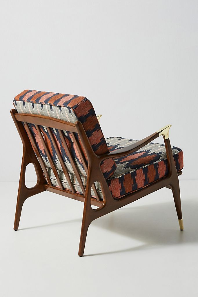 Suryavanshi Bohofusion Accent Chair – Mid-Century Modern Wooden Armchair with Ikat Patterned Upholstery (Multicolor)