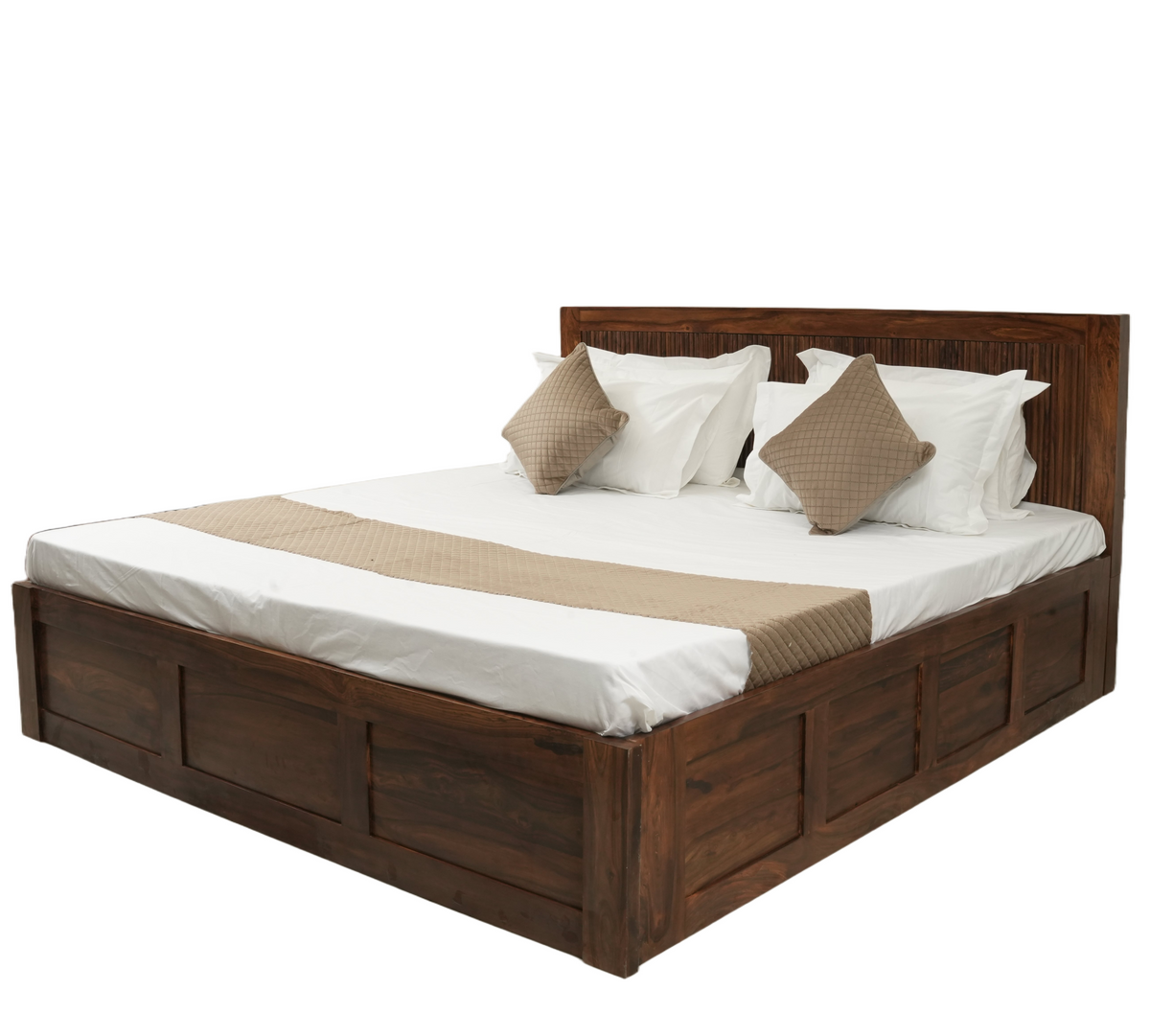 Modern Reed Solid Sheesham Wood Bed with Storage & Slatted Headboard