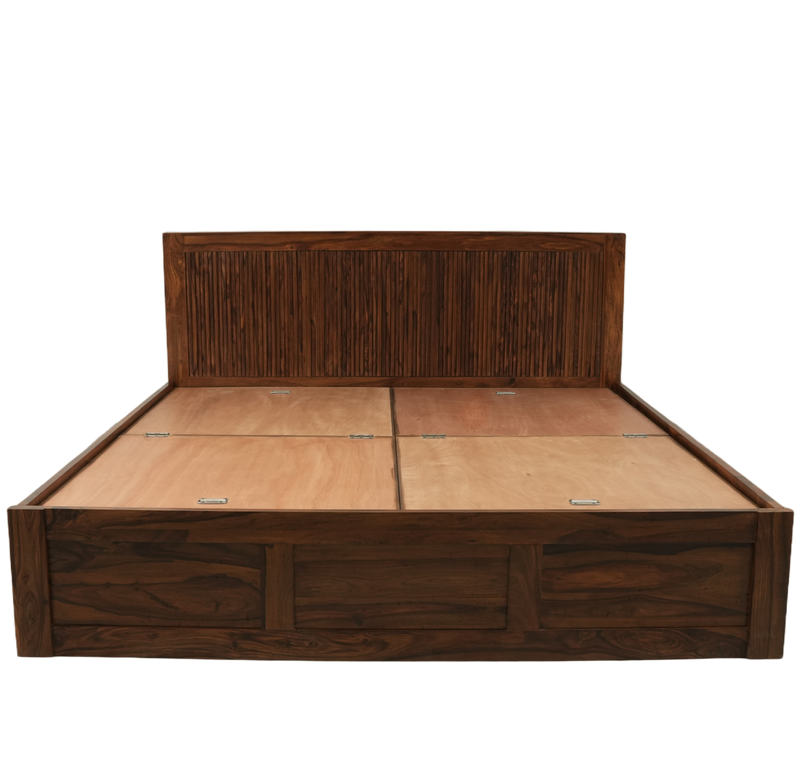 Modern Reed Solid Sheesham Wood Bed with Storage & Slatted Headboard