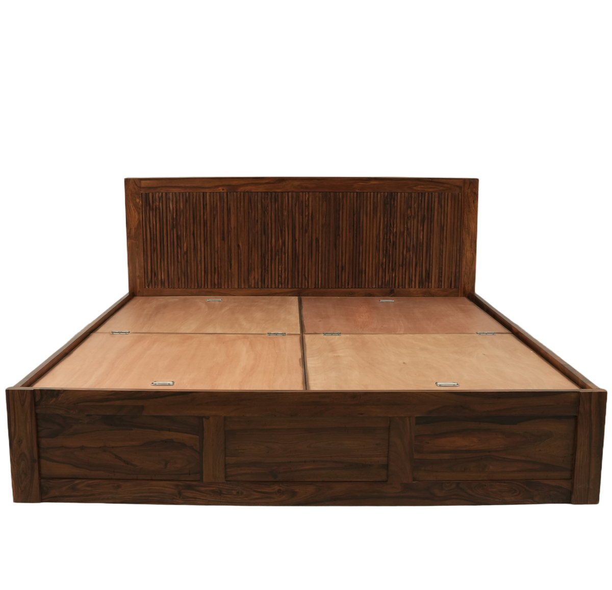 Modern Reed Solid Sheesham Wood Bed with Storage & Slatted Headboard