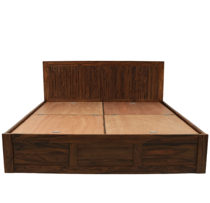Modern Reed Solid Sheesham Wood Bed with Storage & Slatted Headboard