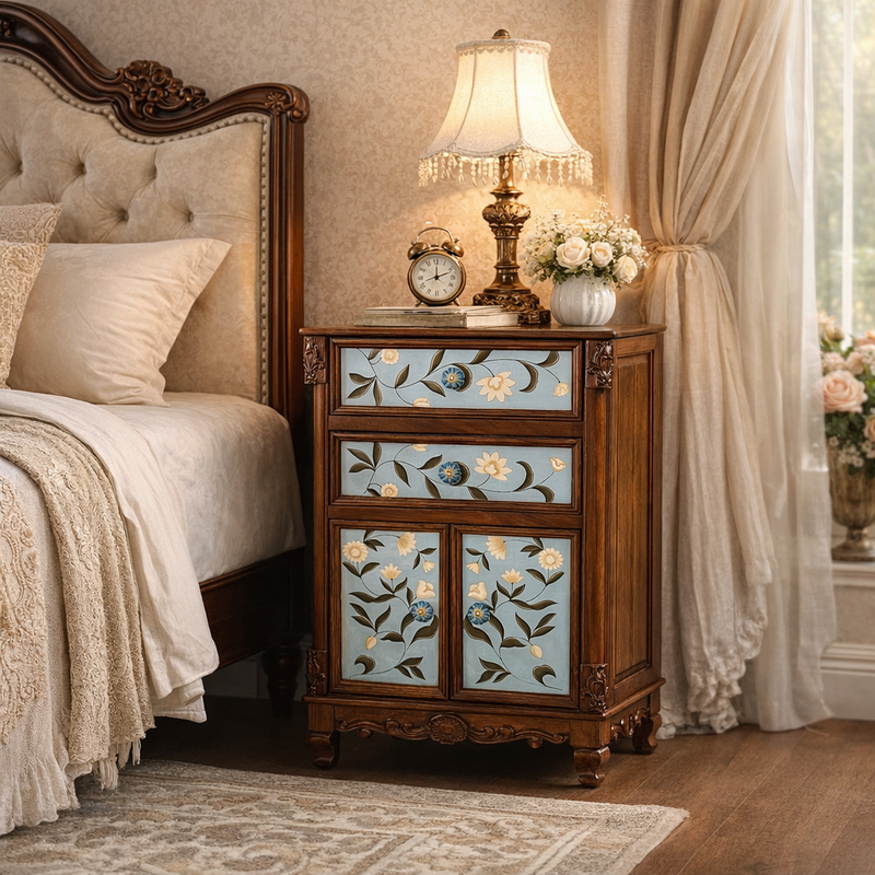 Royal Floral Inlay Wooden Bedside Table With Drawer & Storage