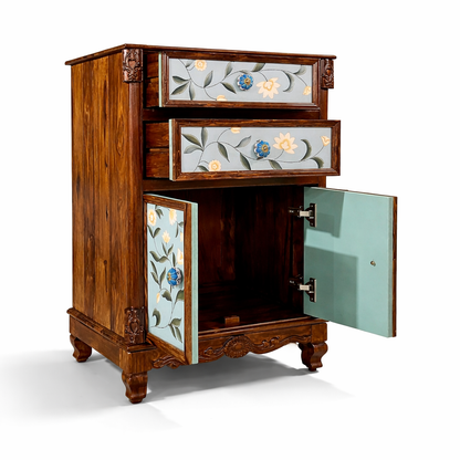 Royal Floral Inlay Wooden Bedside Table With Drawer & Storage