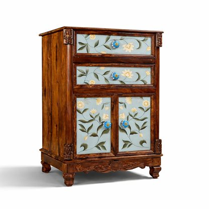 Royal Floral Inlay Wooden Bedside Table With Drawer & Storage