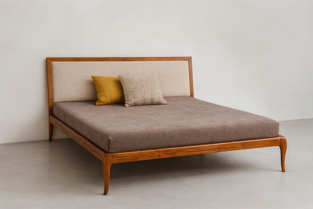 Suryavanshi Mid-Century Modern Solid Sheesham Wood Bed Without Storage with Upholstered Headboard – Queen/King Size