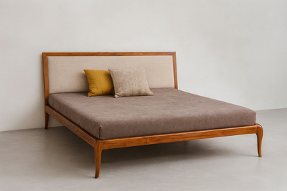 Suryavanshi Mid-Century Modern Solid Sheesham Wood Bed Without Storage with Upholstered Headboard – Queen/King Size