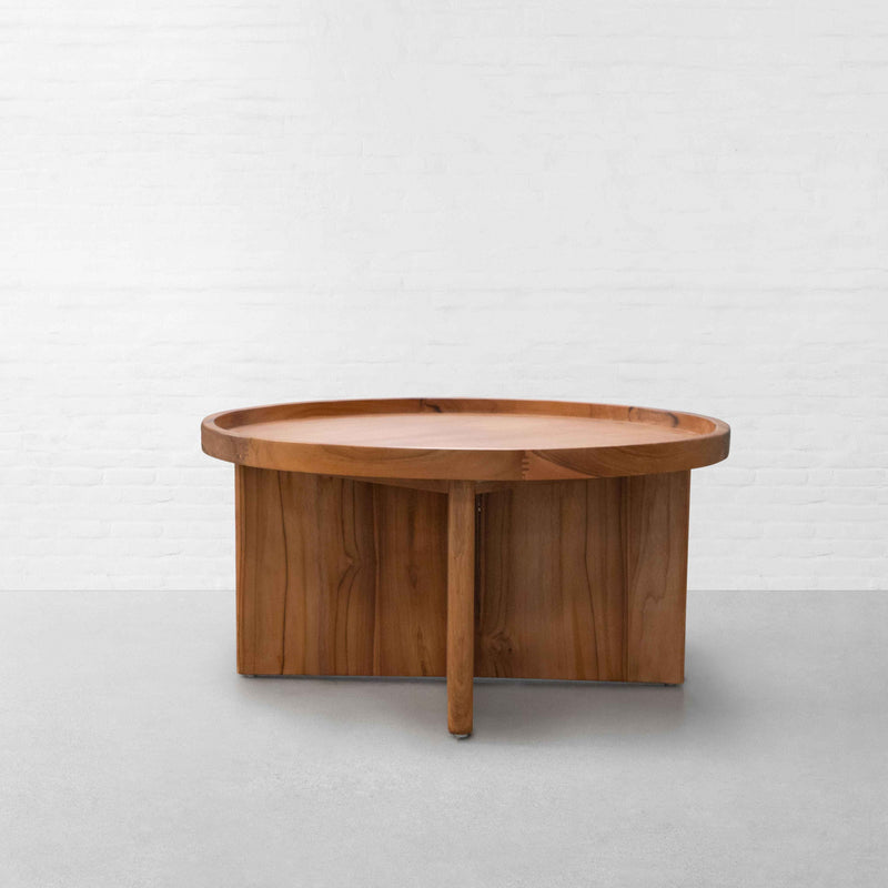 Suryavanshi Solid Acacia Wood Round Coffee Table for Living Room | Natural Finish Center Table with Modern Cross-Leg Base | Handcrafted Wooden Accent Table