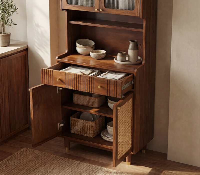Artisan Small Kitchen Cabinet with Fluted Glass, Cane Weave & Brass Knobs
