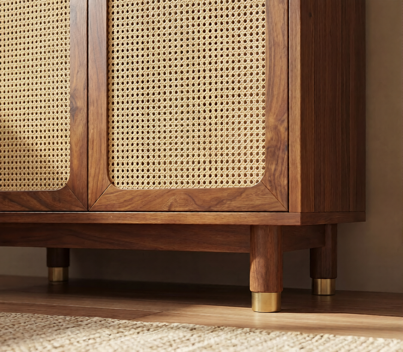 Artisan Small Kitchen Cabinet with Fluted Glass, Cane Weave & Brass Knobs