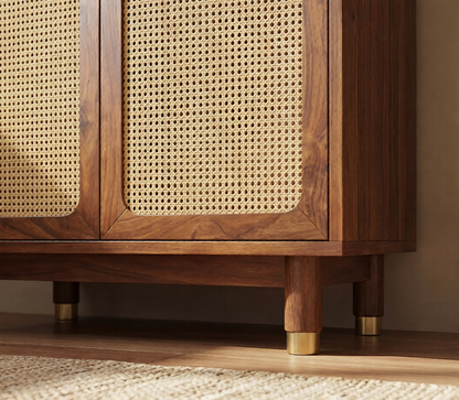 Artisan Small Kitchen Cabinet with Fluted Glass, Cane Weave & Brass Knobs