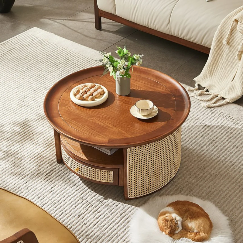 Retreat Sheesham Wood Round Coffee Table with Cane Webbing & Hidden Storage Drawers (Honey Finish)