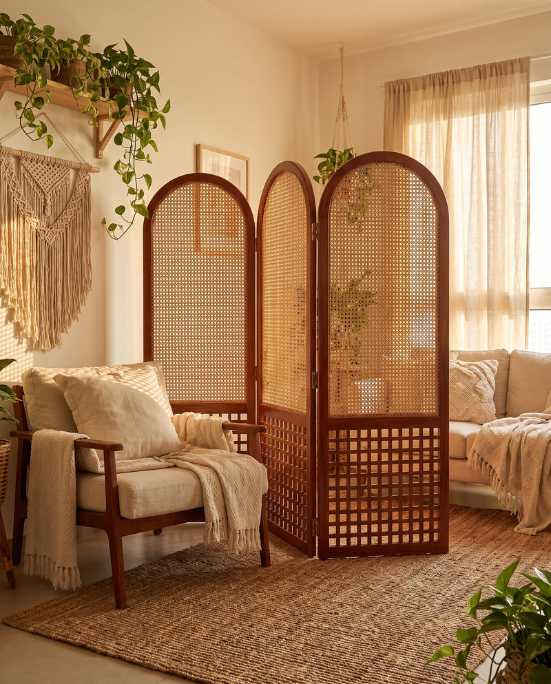 Suryavanshi Arched Sheesham Wood Room Divider with Natural Cane Weave - Foldable 3 Panel Screen