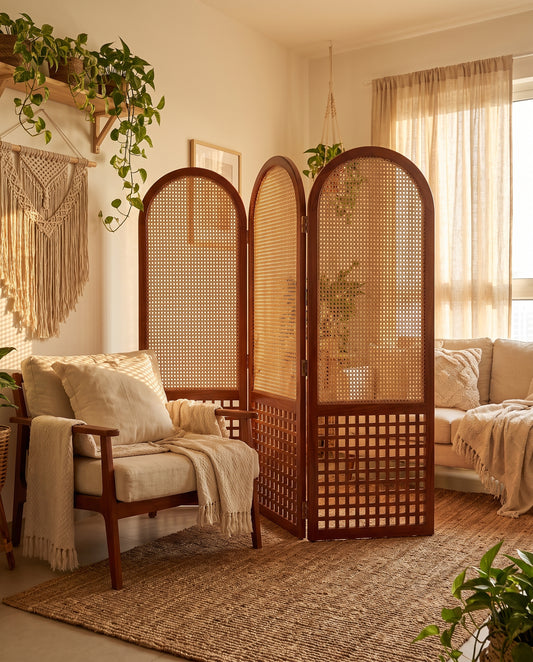 Suryavanshi Arched Sheesham Wood Room Divider with Natural Cane Weave - Foldable 3 Panel Screen