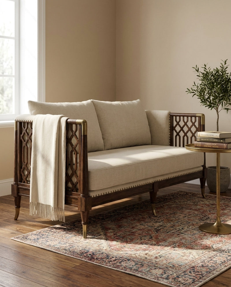 Aurelia Luxury Solid Wood Sofa Set with Premium Upholstery & Brass Work