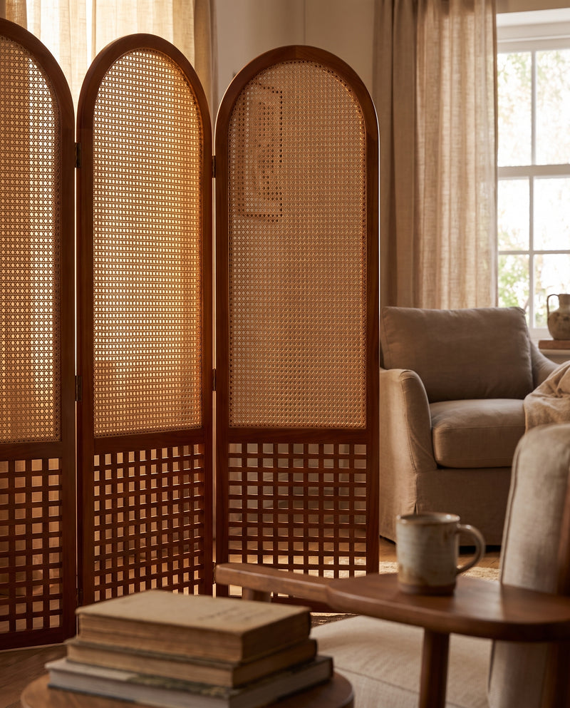 Suryavanshi Arched Sheesham Wood Room Divider with Natural Cane Weave - Foldable 3 Panel Screen