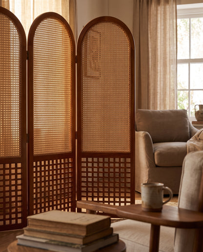 Suryavanshi Arched Sheesham Wood Room Divider with Natural Cane Weave - Foldable 3 Panel Screen
