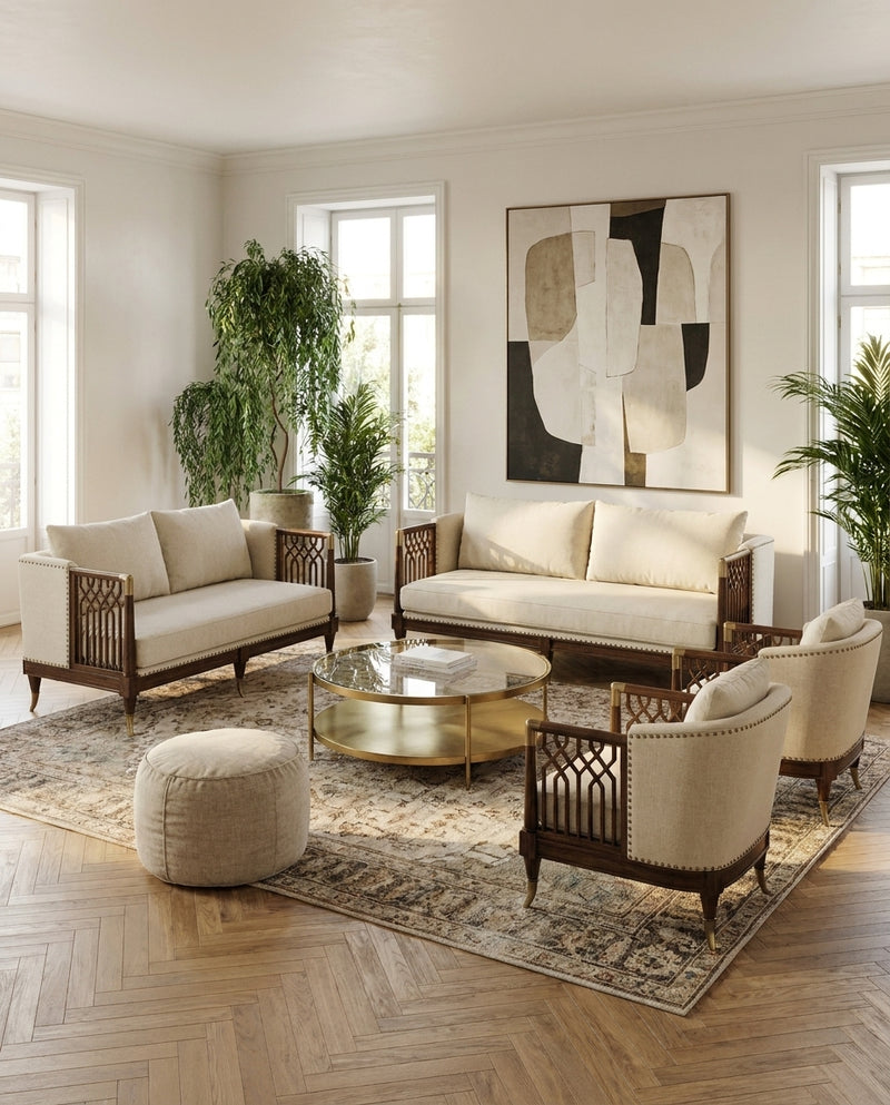 Aurelia Luxury Solid Wood Sofa Set with Premium Upholstery & Brass Work