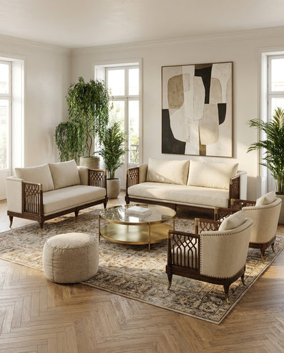 Aurelia Luxury Solid Wood Sofa Set with Premium Upholstery & Brass Work